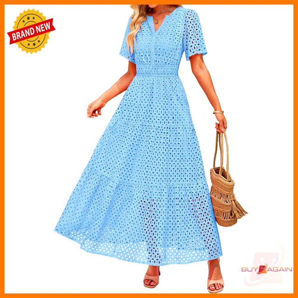 Summer Maxi Dress V Neck Short Sleeve Eyelet Embroidery Boho Chic Casual Elegant